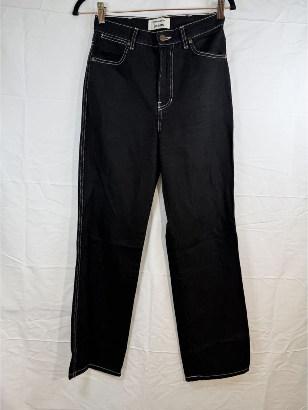 Reformation Cowboy High Rise Straight Jeans Black White Contrast Stitch Size 24